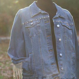 UPCYCLED Denim Jacket with Gold Rhinestone Fringe